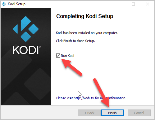 Click on Run Kodi and then click the Finish button